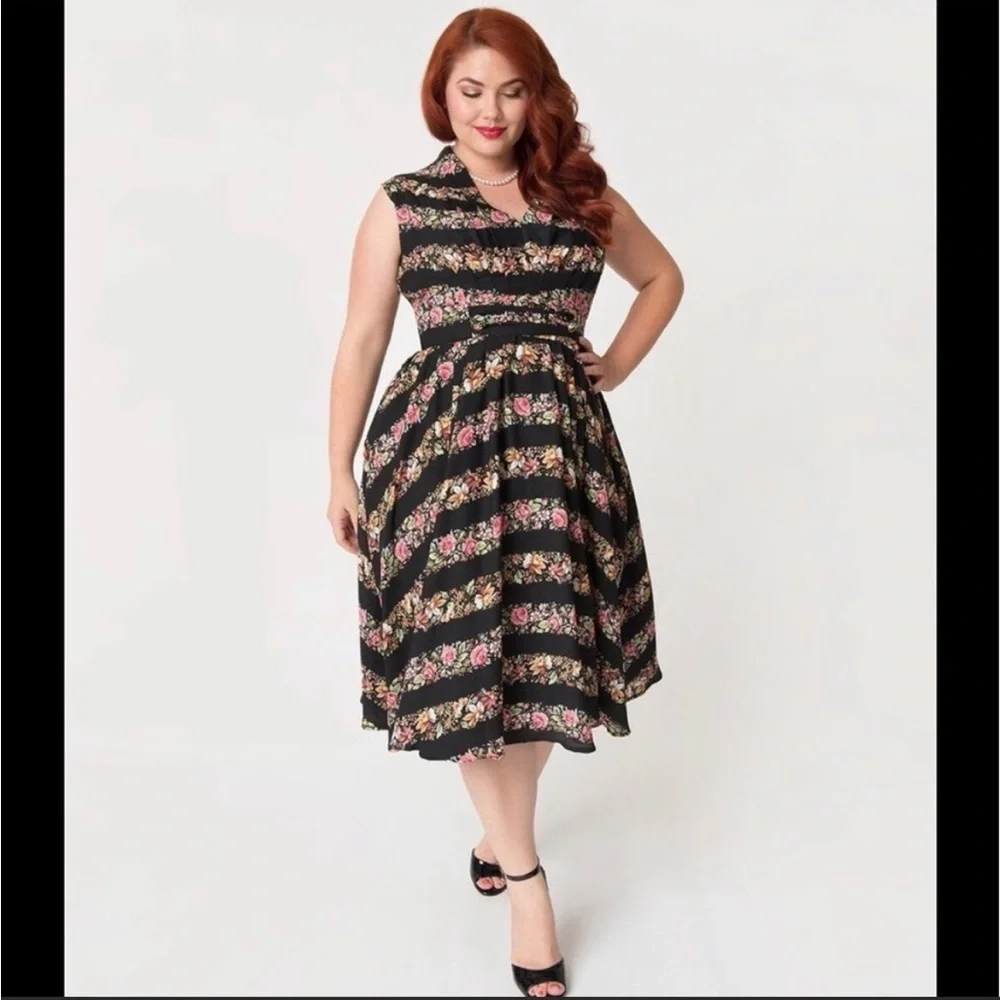 Striped Floral Unique Vintage 50s Swing Dress - Picture 1 of 8